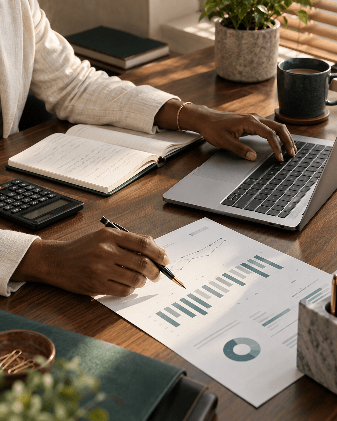 Illustrative detail of an accountant reviewing records at a desk